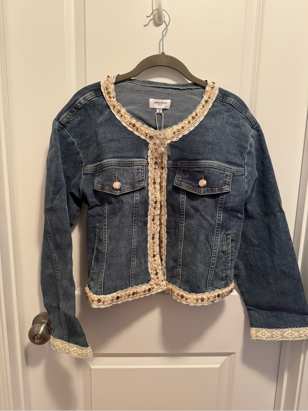Anniewear Denim Jacket with Cream Crochet Trim